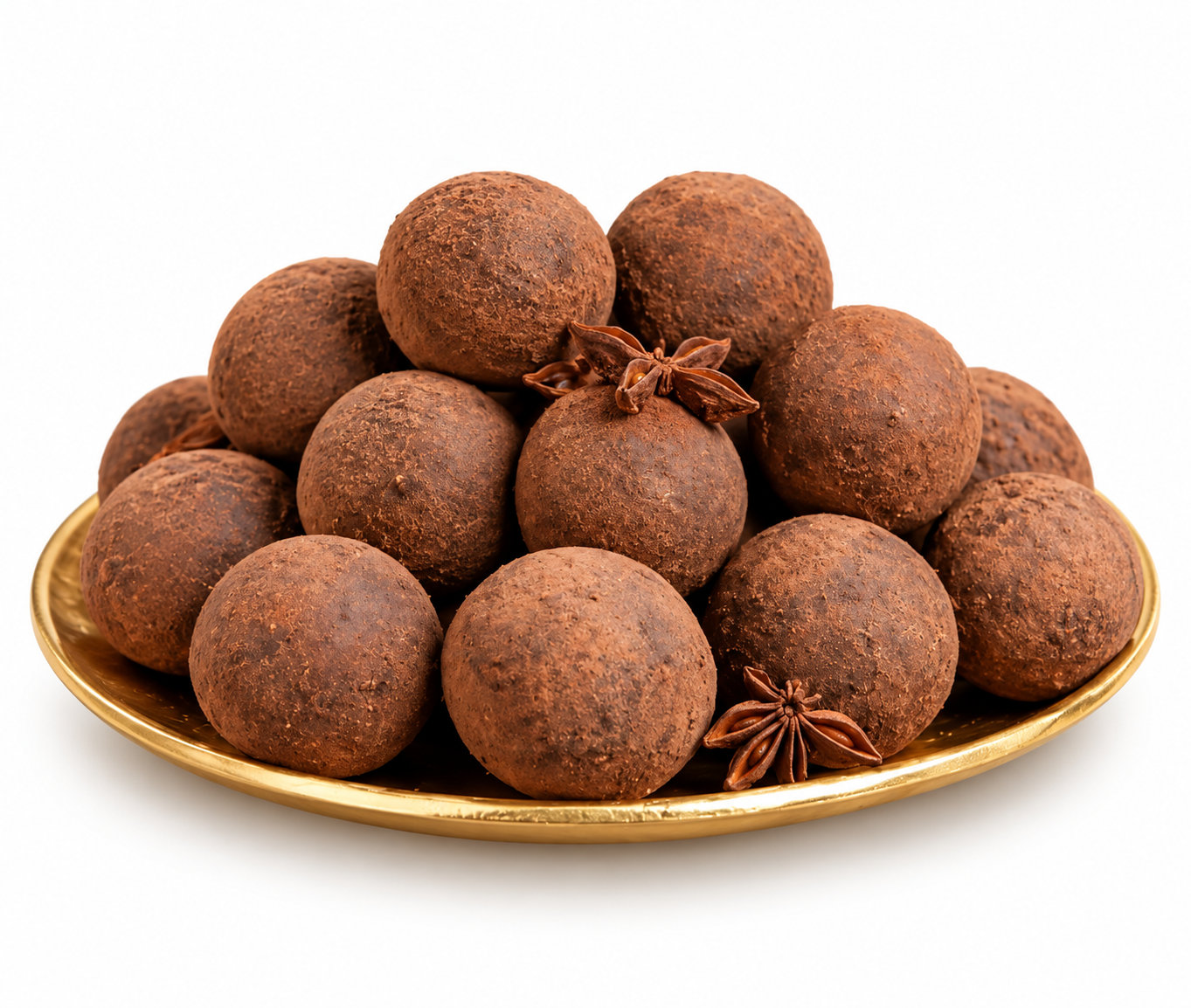 Sisi Haitian chocolate balls on a gold plate with a clean white background
