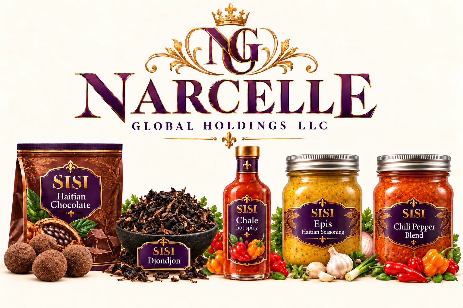 Narcelle Global Holdings LLC logo above Sisi Haitian Chocolate with chocolate balls, loose dried Sisi Djondjon mushrooms, Sisi Chalè Hot Spicy Sauce, Sisi Epis Haitian Seasoning, and Sisi Chili Pepper Blend illustrations
