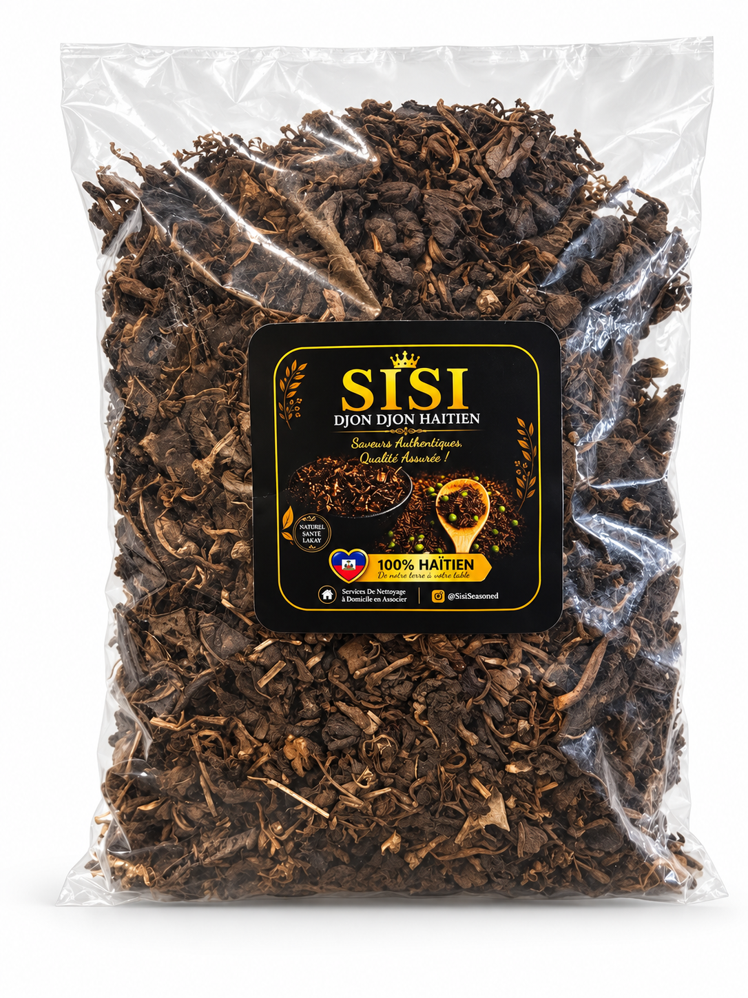 Sisi Haitian Djondjon dried mushrooms in the original clear bag with black and gold SISI label